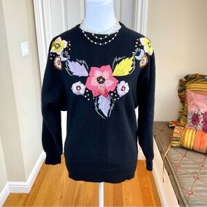 Vintage Sweater Embroidered Beaded Wool Batwing Sleeves Floral Carriage Court (M